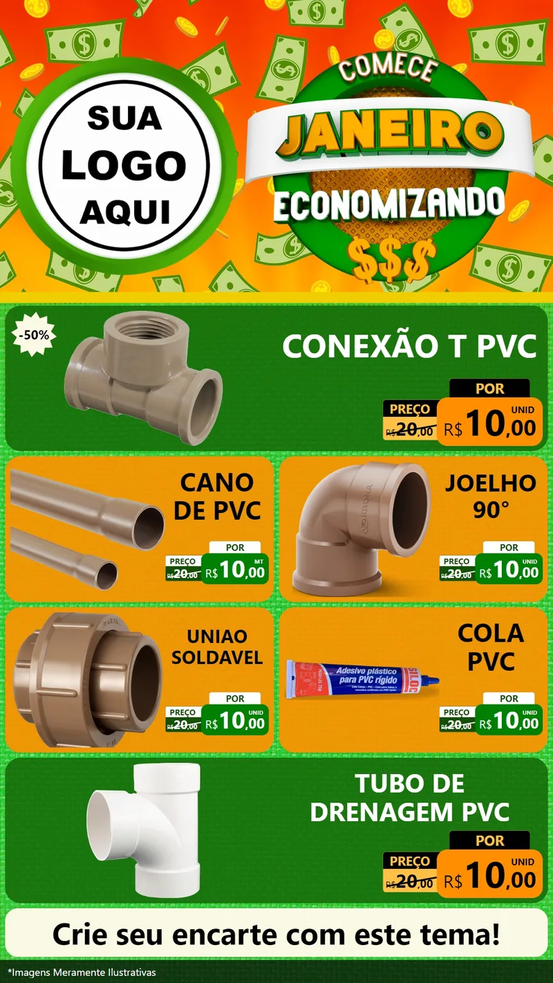 Modelo de TV para TV Vertical com o tema Comece Janeiro Economizando para Tubos e conexões