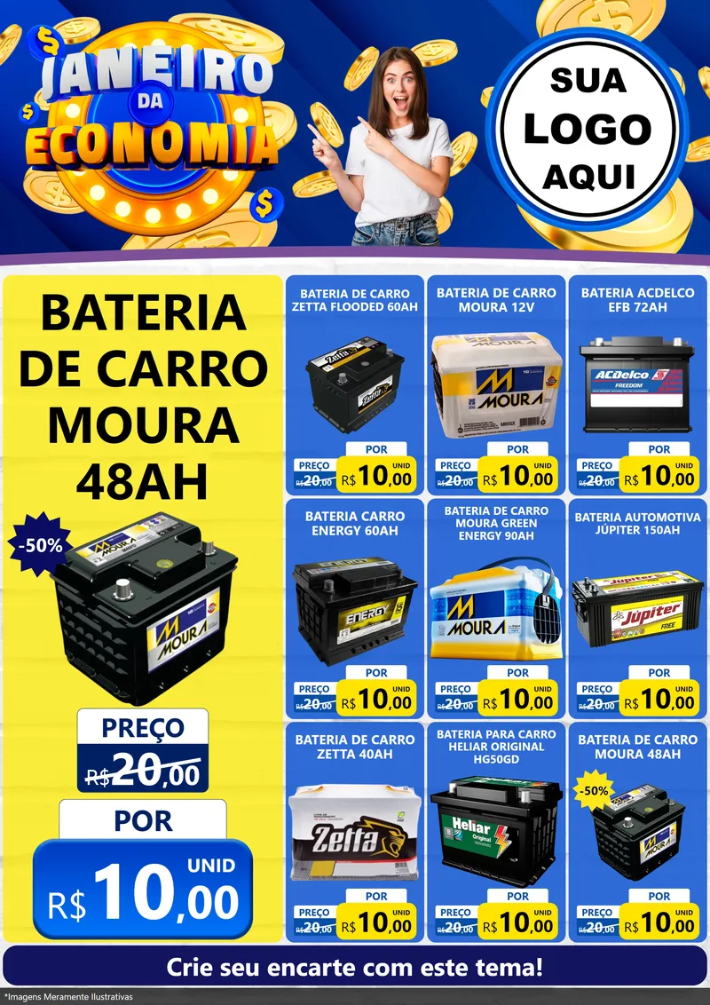 Modelo de Encarte para Encarte A4 Vertical com o tema Janeiro da Economia para Baterias Elétricas