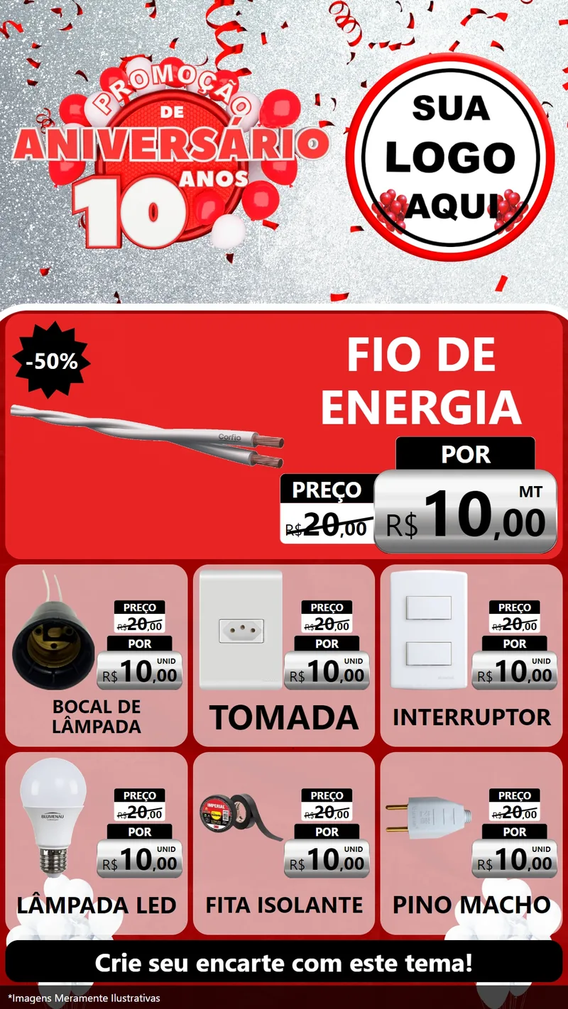 Modelo de Rede Social para Stories com o tema Promoção de Aniversário - 10 Anos para Materiais Elétricos