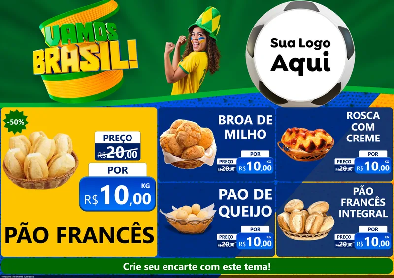 Modelo de Encarte para Encarte A4 Horizontal com o tema Vamos Brasil - Copa para Padaria