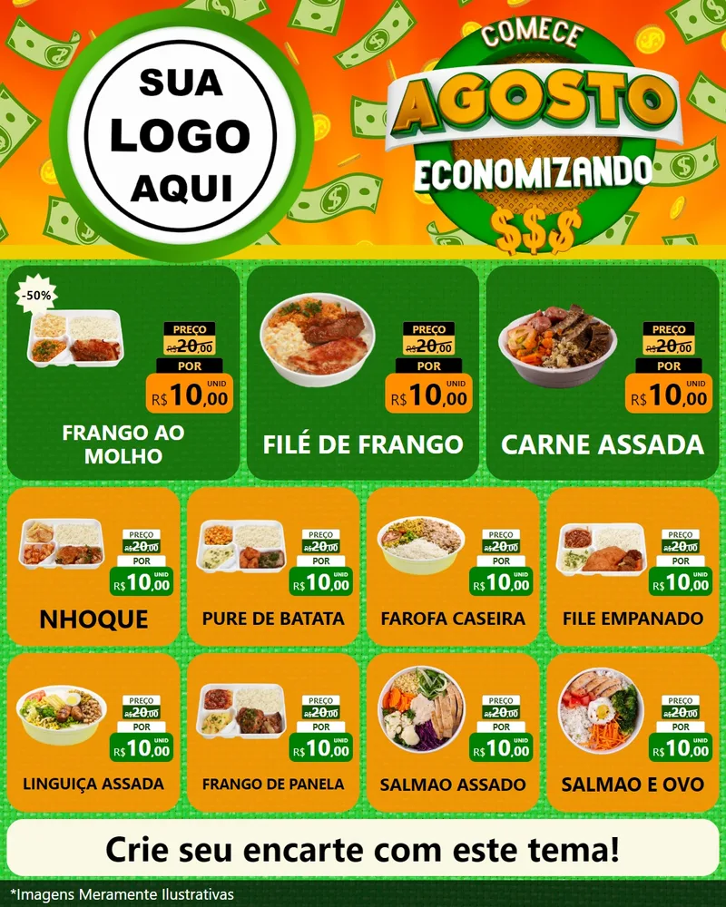 Modelo de Rede Social para Feed Instagram com o tema Comece Agosto Economizando para Restaurante