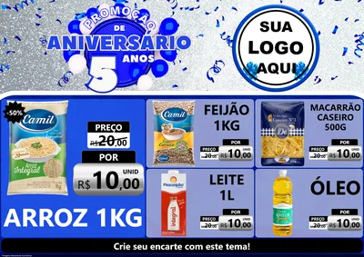 Modelo de Encarte para Encarte A4 Horizontal com o tema Promoção de Aniversário - 5 Anos para Supermercado