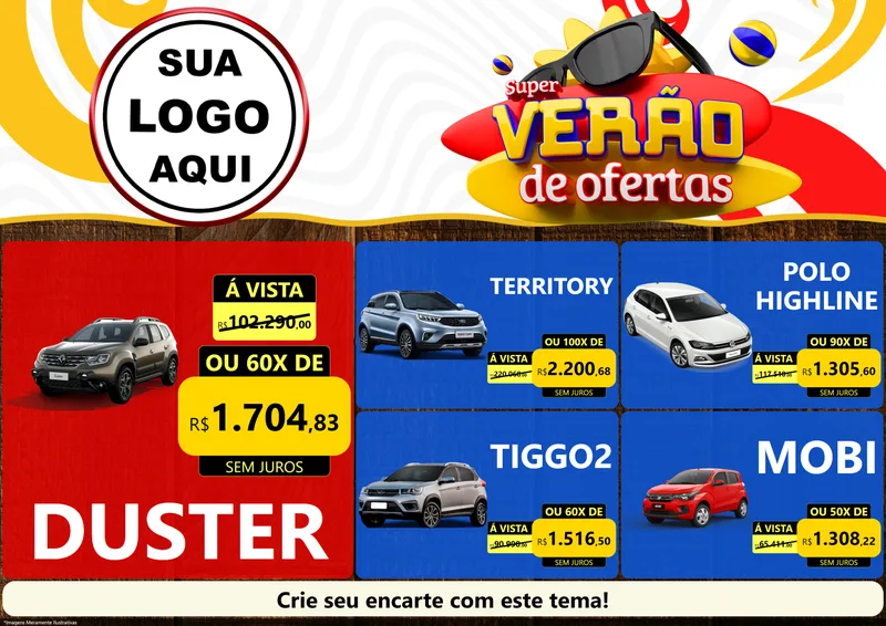 Modelo de Encarte para Encarte A4 Horizontal com o tema Super Verão de Ofertas para Concessionaria de Carros