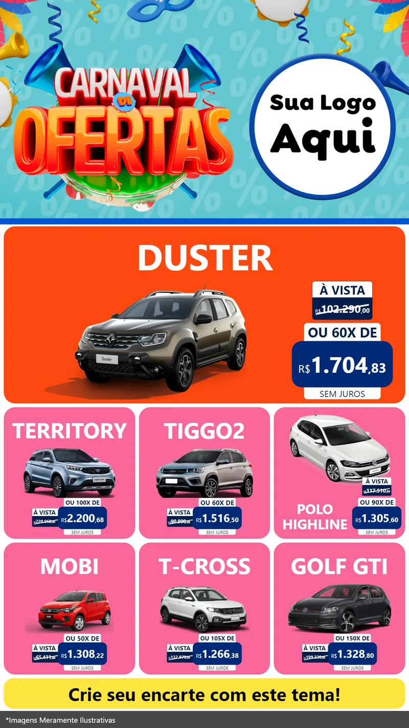 Modelo de Rede Social para Stories com o tema Carnaval de Ofertas para Concessionaria de Carros