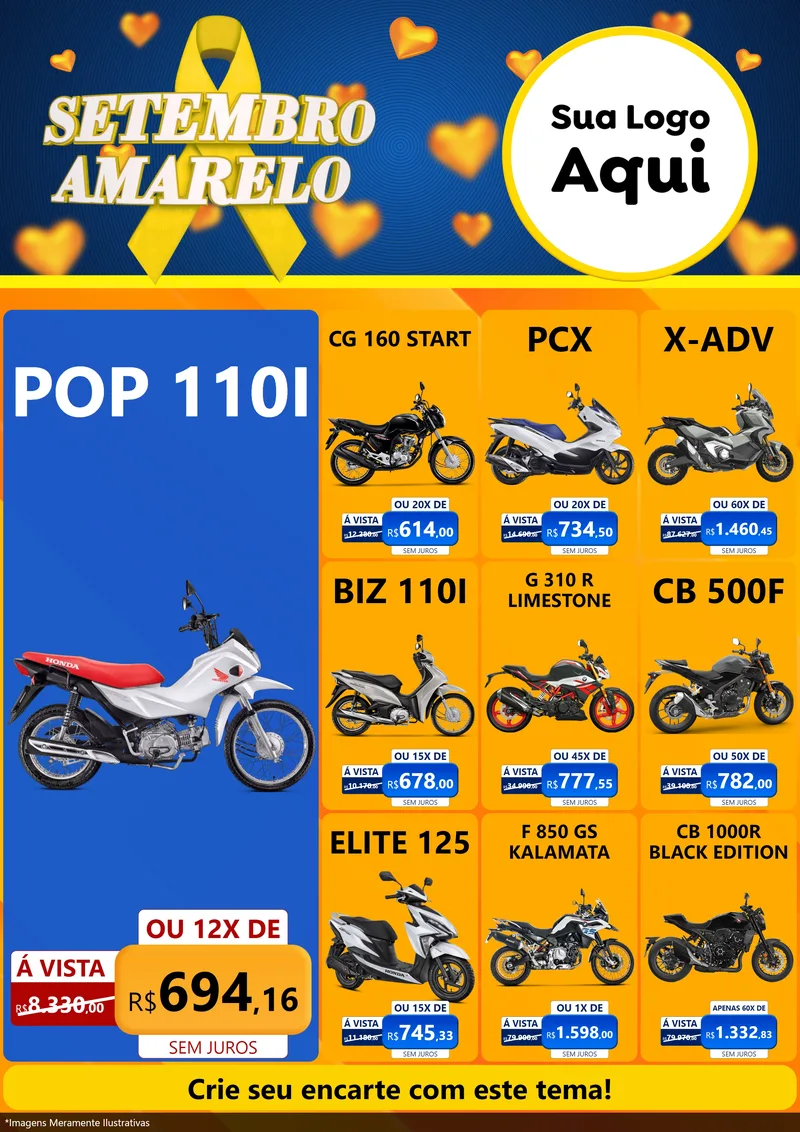 Modelo de Encarte para Encarte A4 Vertical com o tema Setembro Amarelo para Concessionaria de Motos