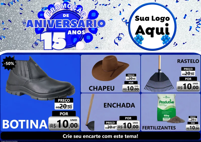 Modelo de Encarte para Encarte A4 Horizontal com o tema Promoção de Aniversário - 15 Anos para Agropecuária