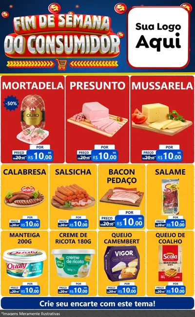 Modelo de Encarte para Encarte Grande com o tema Fim de Semana do Consumidor para Frios e Laticínios