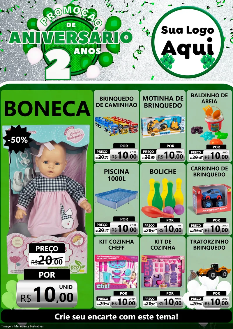 Modelo de Encarte para Encarte A4 Vertical com o tema Promoção de Aniversário - 2 Anos para Brinquedos