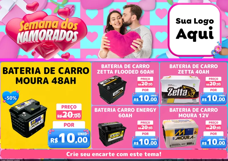 Modelo de Encarte para Encarte A4 Horizontal com o tema Semana dos Namorados para Baterias Elétricas