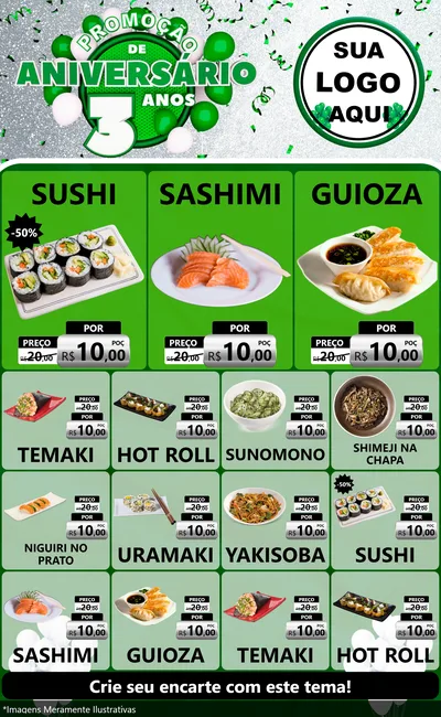 Modelo de Encarte para Encarte Grande com o tema Promoção de Aniversário - 3 Anos para Comida japonesa