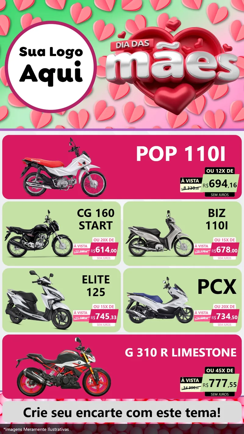 Modelo de TV para TV Vertical com o tema Dia das Mães para Concessionaria de Motos