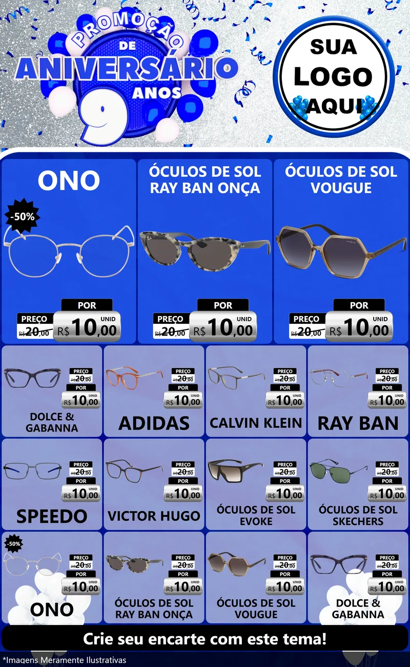 Modelo de Encarte para Encarte Grande com o tema Promoção de Aniversário - 9 Anos para Óticas