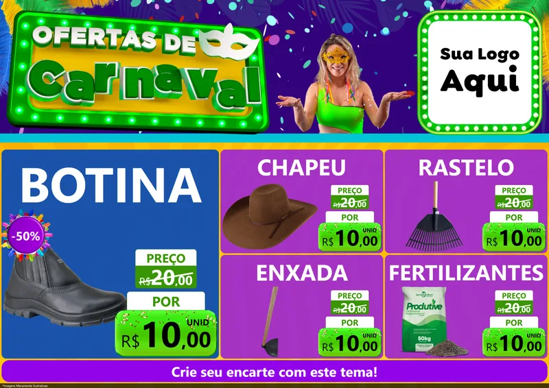 Modelo de Encarte para Encarte A4 Horizontal com o tema Ofertas de Carnaval para Agropecuária