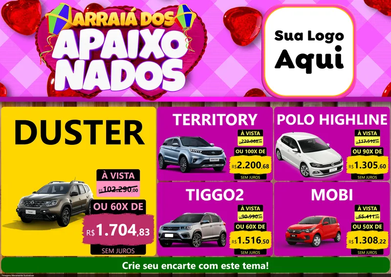 Modelo de Encarte para Encarte A4 Horizontal com o tema Arraiá dos Apaixonados para Concessionaria de Carros
