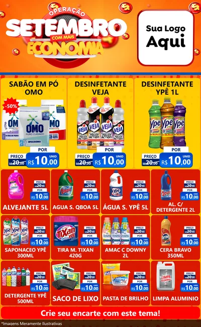 Modelo de Encarte para Encarte Grande com o tema Operação Setembro Com Muita Economia para Produtos de Limpeza
