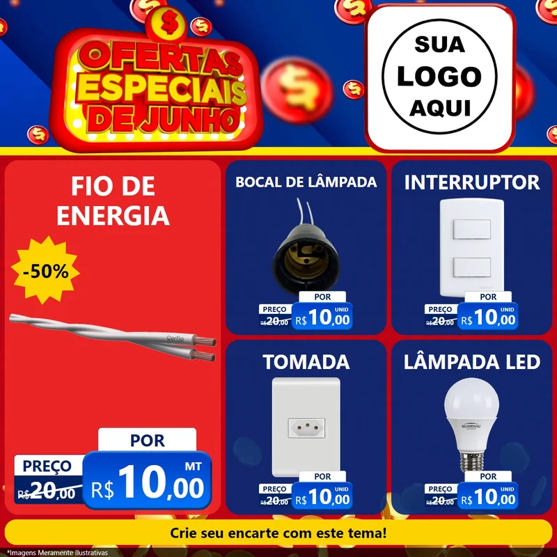 Modelo de Rede Social para Feed Facebook com o tema Ofertas Especiais de Junho para Materiais Elétricos