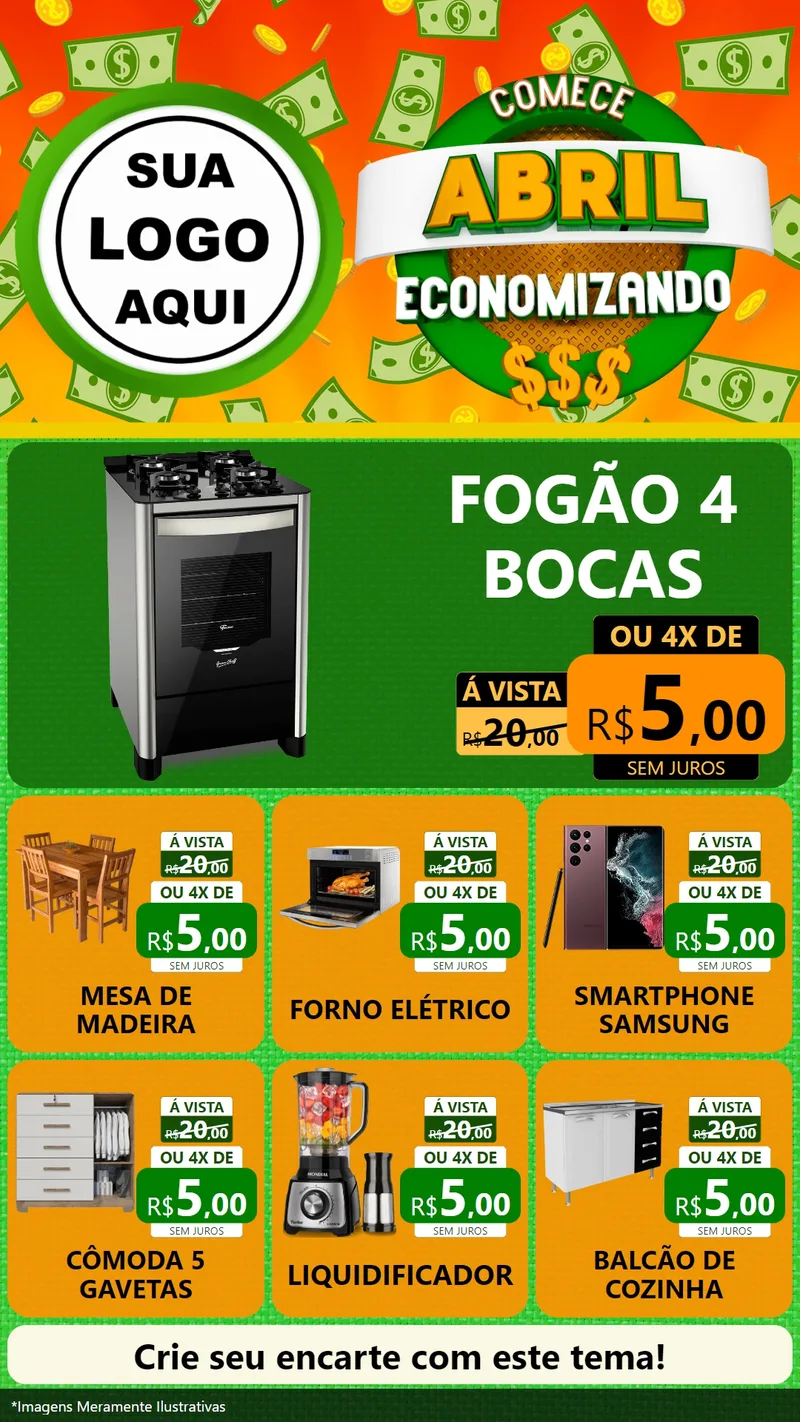 Modelo de Rede Social para Stories com o tema Comece Abril Economizando para Móveis e Eletro