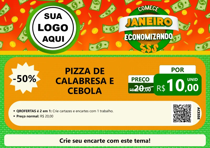 Modelo de Cartaz para Cartaz A4 Horizontal com o tema Comece Janeiro Economizando para Pizzaria