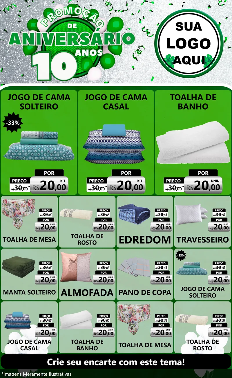 Modelo de Encarte para Encarte Grande com o tema Promoção de Aniversário - 10 Anos para Cama, Mesa e Banho