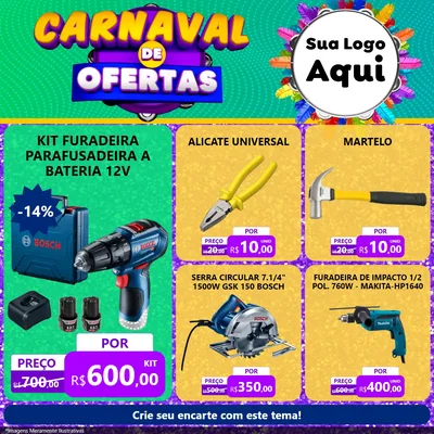 Modelo de Rede Social para Feed Facebook com o tema Carnaval de Ofertas para Maquinas e Ferramentas