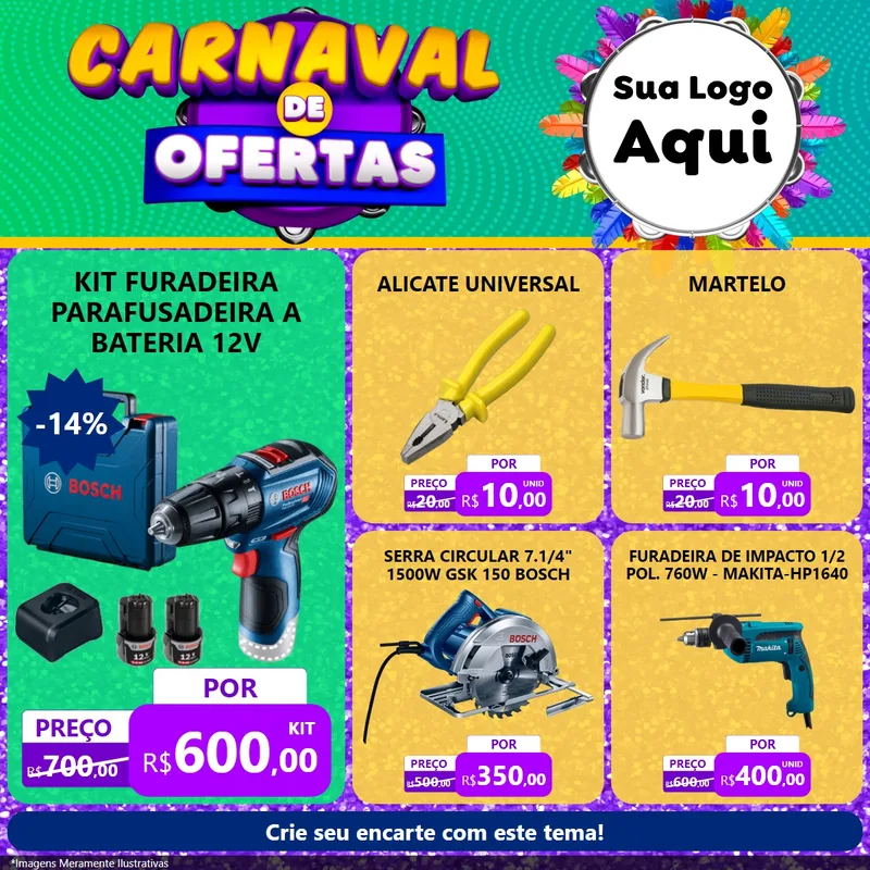 Modelo de Rede Social para Feed Facebook com o tema Carnaval de Ofertas para Maquinas e Ferramentas