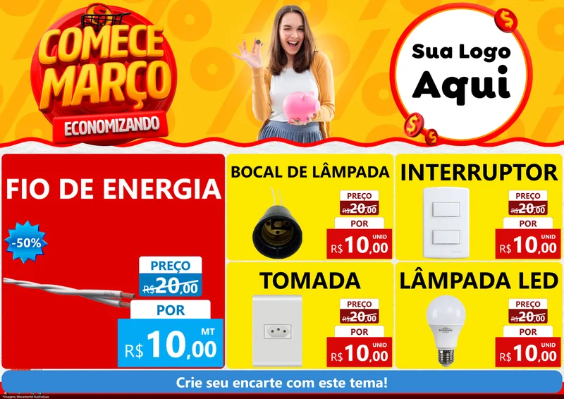 Modelo de Encarte para Encarte A4 Horizontal com o tema Comece Março Economizando para Materiais Elétricos