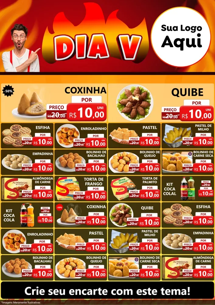 Modelo de Encarte para Encarte A4 Vertical com o tema Dia V para Salgadaria