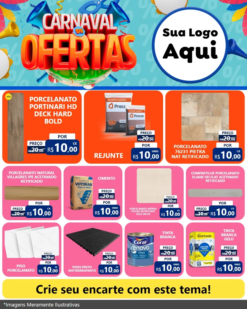 Modelo de Rede Social para Feed Instagram com o tema Carnaval de Ofertas para Pisos e revestimentos