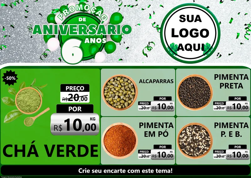 Modelo de Encarte para Encarte A4 Horizontal com o tema Promoção de Aniversário - 6 Anos para Produtos Naturais