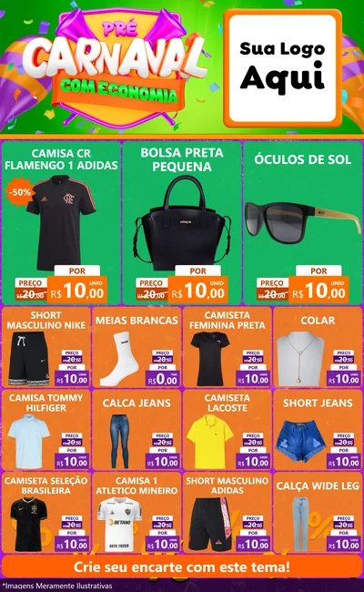 Modelo de Encarte para Encarte Grande com o tema Pré-Carnaval Com Economia para Roupas e acessórios