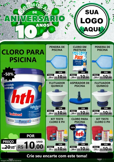 Modelo de Encarte para Encarte A4 Vertical com o tema Promoção de Aniversário - 10 Anos para Produtos para Piscina