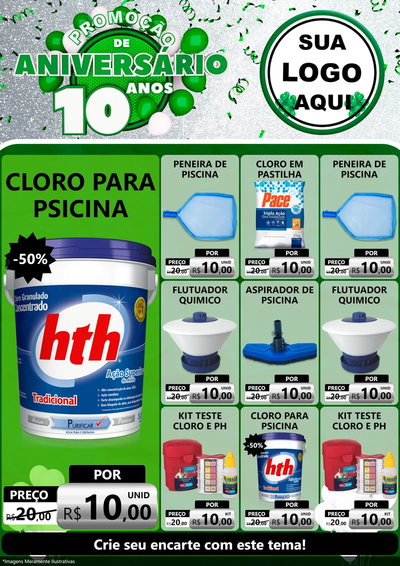 Modelo de Encarte para Encarte A4 Vertical com o tema Promoção de Aniversário - 10 Anos para Produtos para Piscina