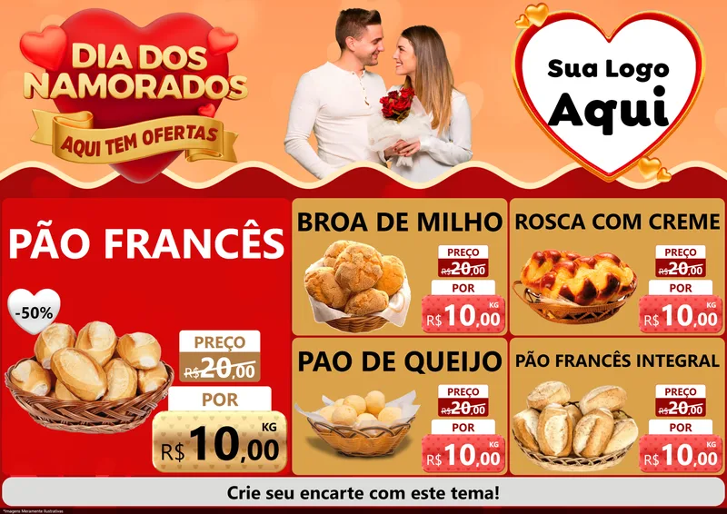 Modelo de Encarte para Encarte A4 Horizontal com o tema Dia dos Namorados - Aqui Tem Ofertas para Padaria