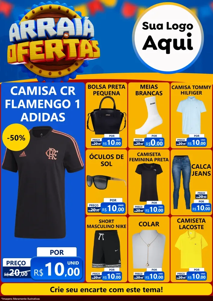 Modelo de Encarte para Encarte A4 Vertical com o tema Arraiá de Ofertas - Junina para Roupas e acessórios
