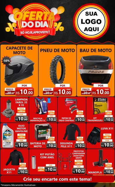 Modelo de Encarte para Encarte Grande com o tema Oferta do Dia - Só hoje, Aproveite! para Moto peças