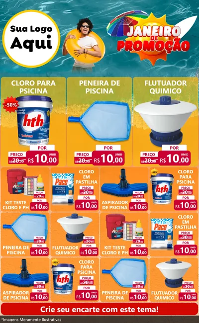 Modelo de Encarte para Encarte Grande com o tema Janeiro de Promoção para Produtos para Piscina