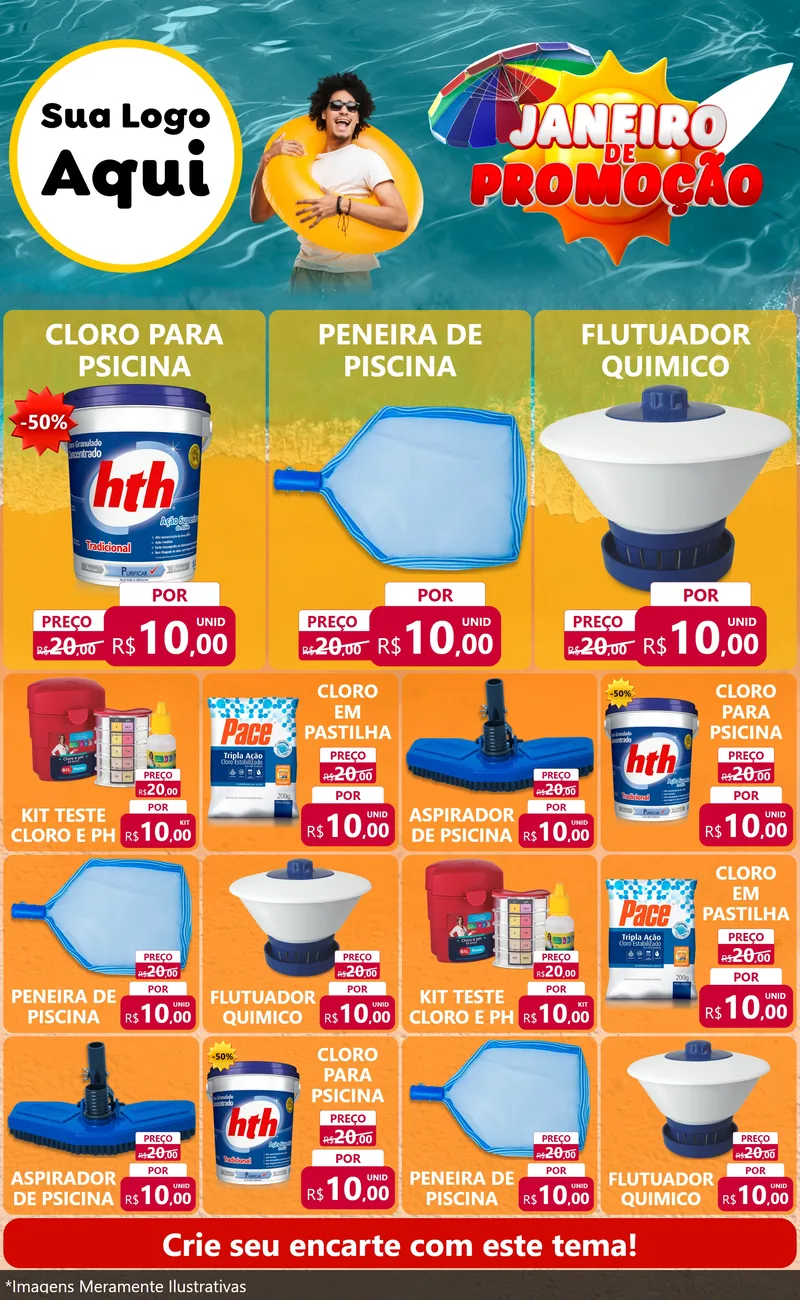 Modelo de Encarte para Encarte Grande com o tema Janeiro de Promoção para Produtos para Piscina