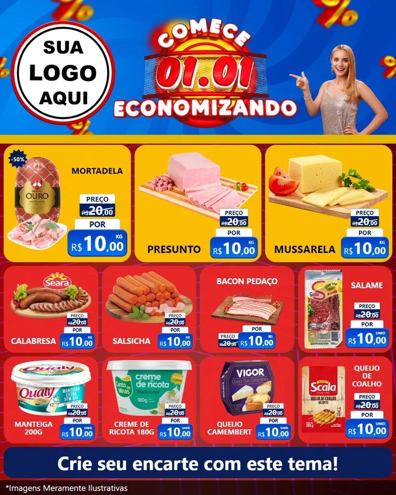 Modelo de Rede Social para Feed Instagram com o tema Comece 1º de Janeiro Economizando para Frios e Laticínios