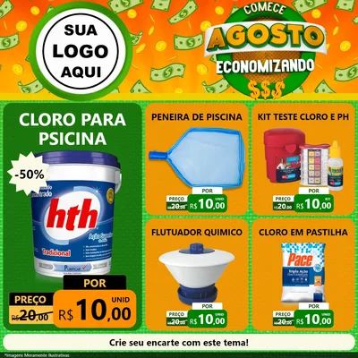 Modelo de Rede Social para Feed Facebook com o tema Comece Agosto Economizando para Produtos para Piscina