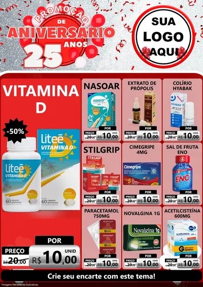 Modelo de Encarte para Encarte A4 Vertical com o tema Promoção de Aniversário - 25Anos para Farmácia