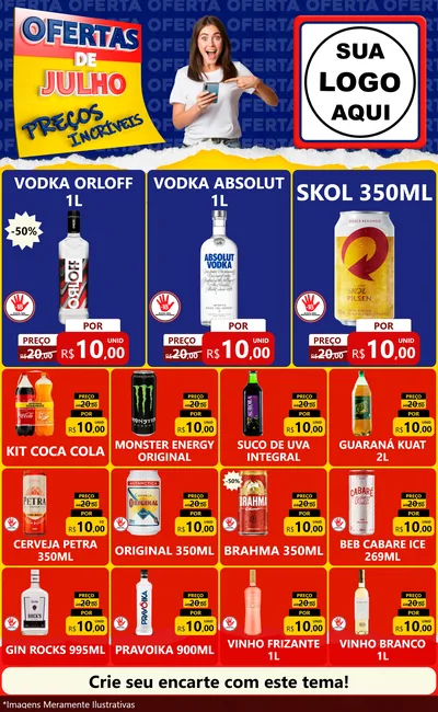 Modelo de Encarte para Encarte Grande com o tema Ofertas de Julho - Preços Incríveis para Distribuidora de bebidas