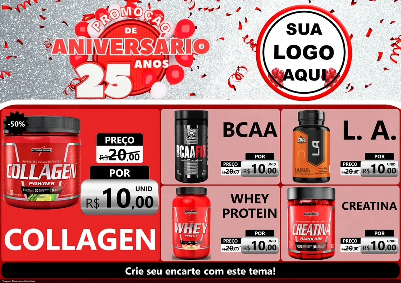 Modelo de Encarte para Encarte A4 Horizontal com o tema Promoção de Aniversário - 25Anos para Suplementos alimentares