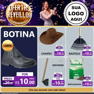 Modelo de Rede Social para Feed Facebook com o tema Ofertas de Réveillon para Agropecuária