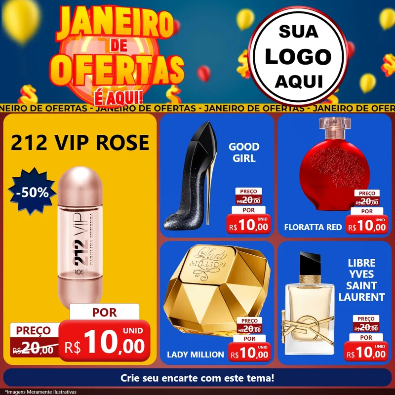Modelo de Rede Social para Feed Facebook com o tema Janeiro de Ofertas É Aqui! para Perfumes