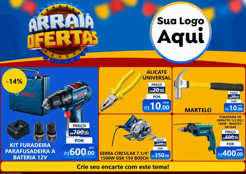 Modelo de Encarte para Encarte A4 Horizontal com o tema Arraiá de Ofertas - Junina para Maquinas e Ferramentas
