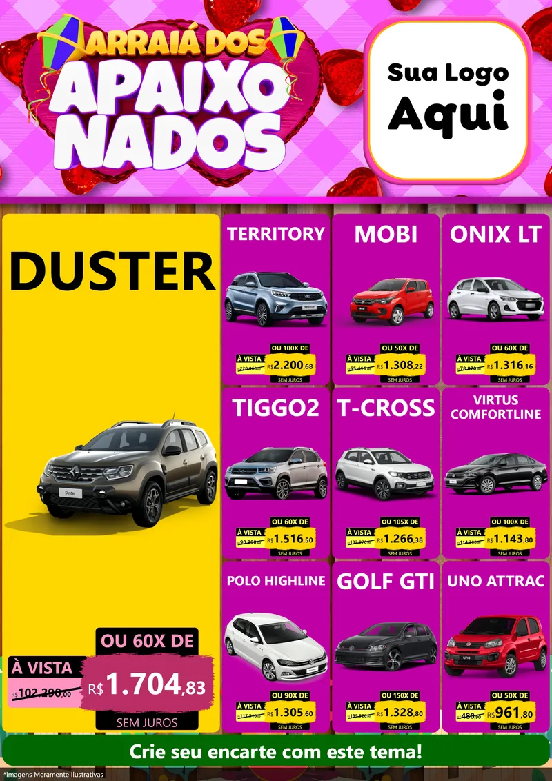 Modelo de Encarte para Encarte A4 Vertical com o tema Arraiá dos Apaixonados para Concessionaria de Carros