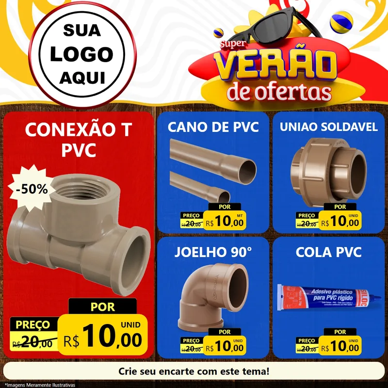Modelo de Rede Social para Feed Facebook com o tema Super Verão de Ofertas para Tubos e conexões