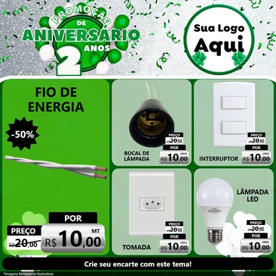Modelo de Rede Social para Feed Facebook com o tema Promoção de Aniversário - 2 Anos para Materiais Elétricos