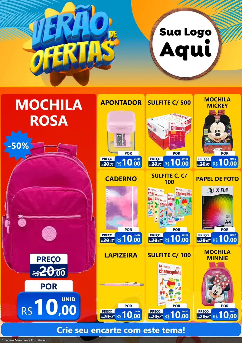 Modelo de Encarte para Encarte A4 Vertical com o tema Verão de Ofertas para Papelaria