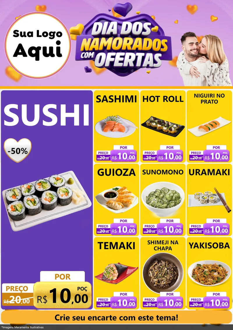 Modelo de Encarte para Encarte A4 Vertical com o tema Dia Dos Namorados Com Ofertas para Comida japonesa